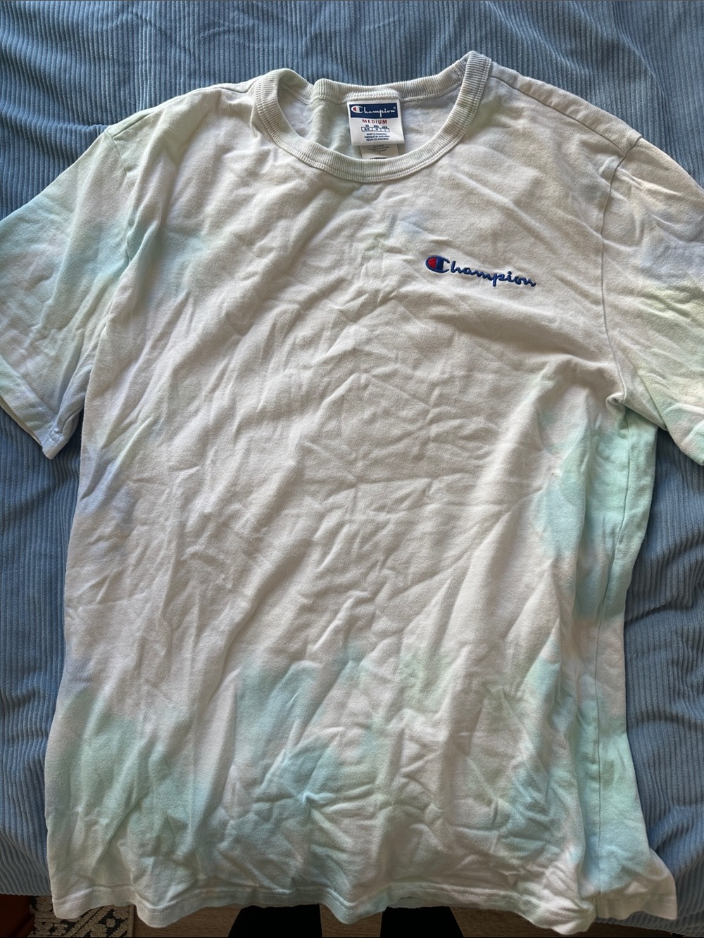 Champion White Tee with Light Blue Tie-Dye Accents